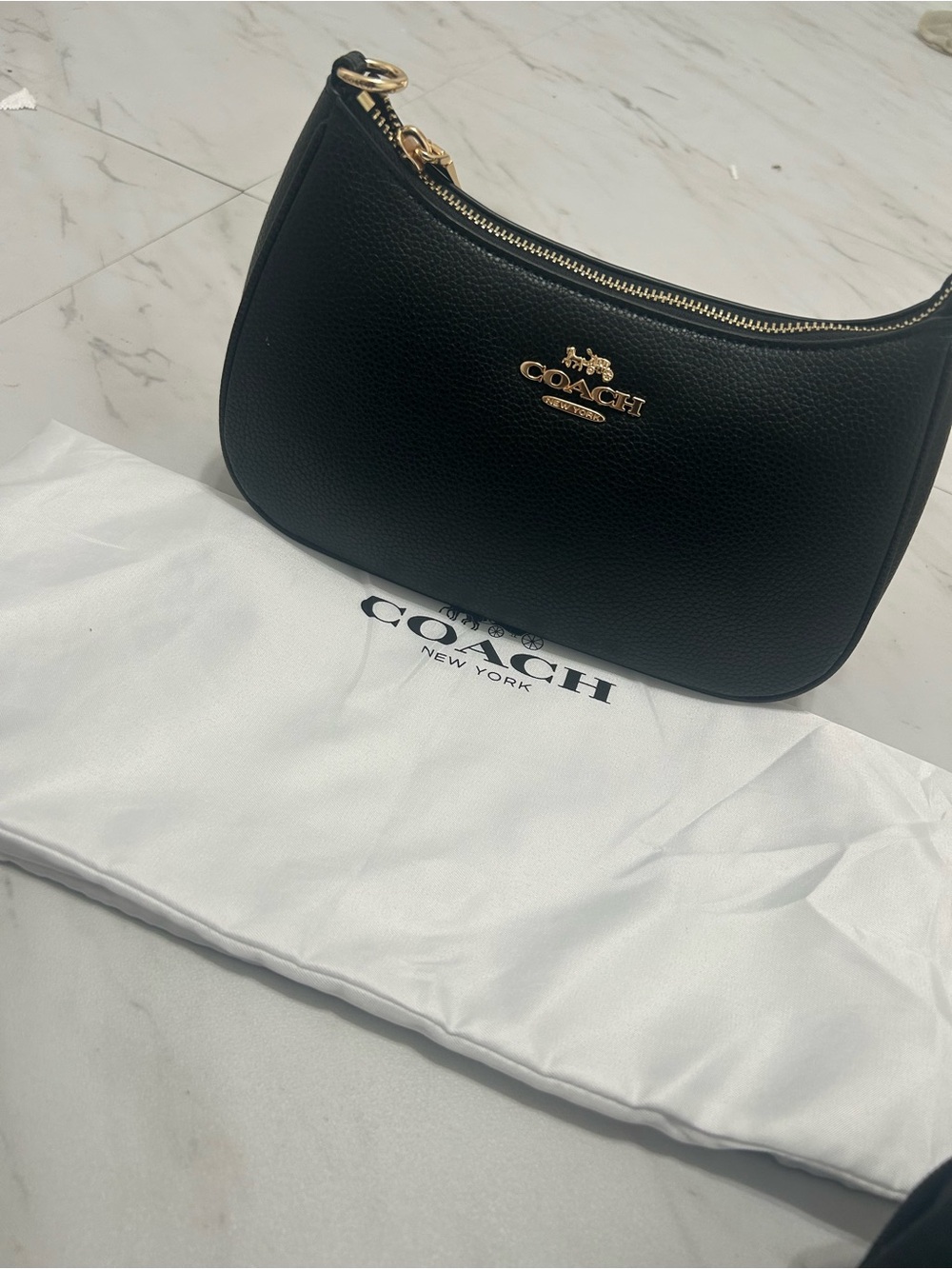 COACH Black Pebbled Leather Crescent Shoulder Bag with Gold Hardware